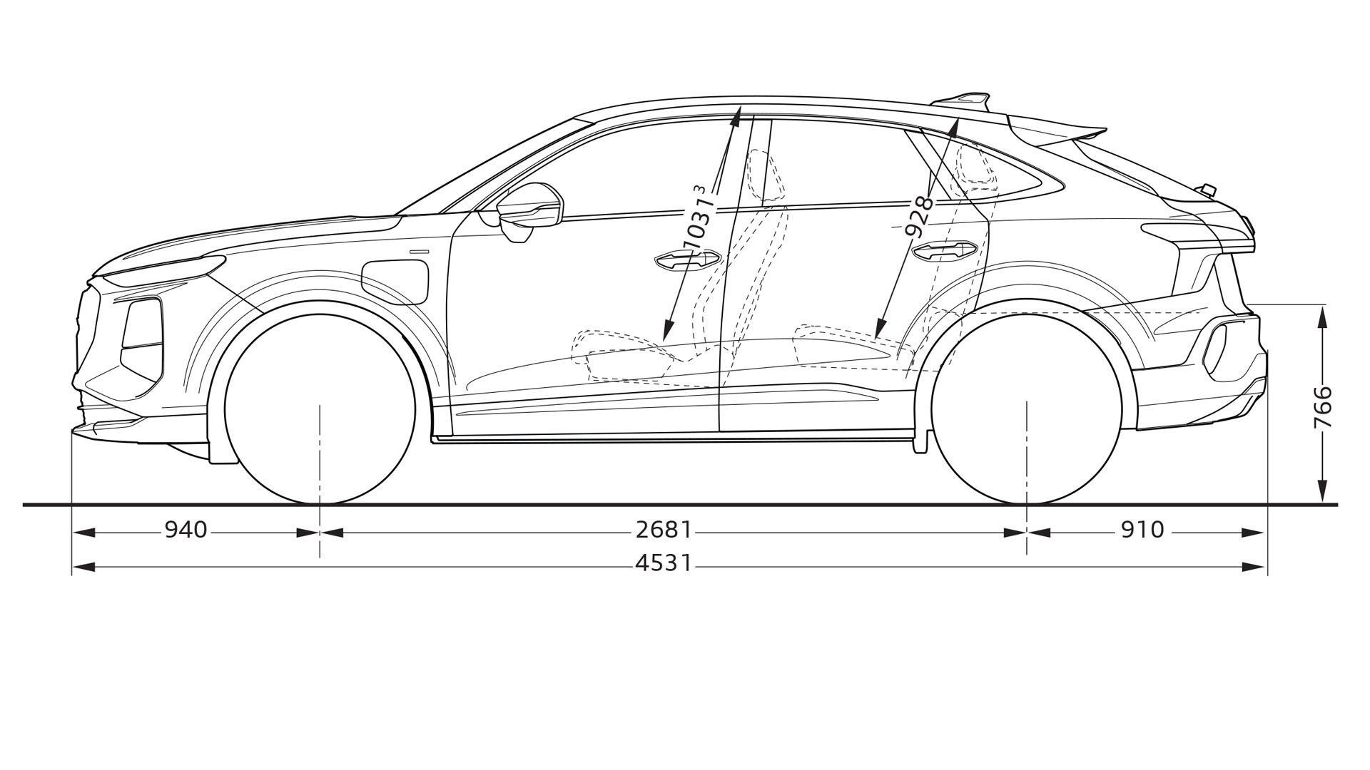 Abmessungen des Audi Q3 e-hybrid in der Seitenansicht