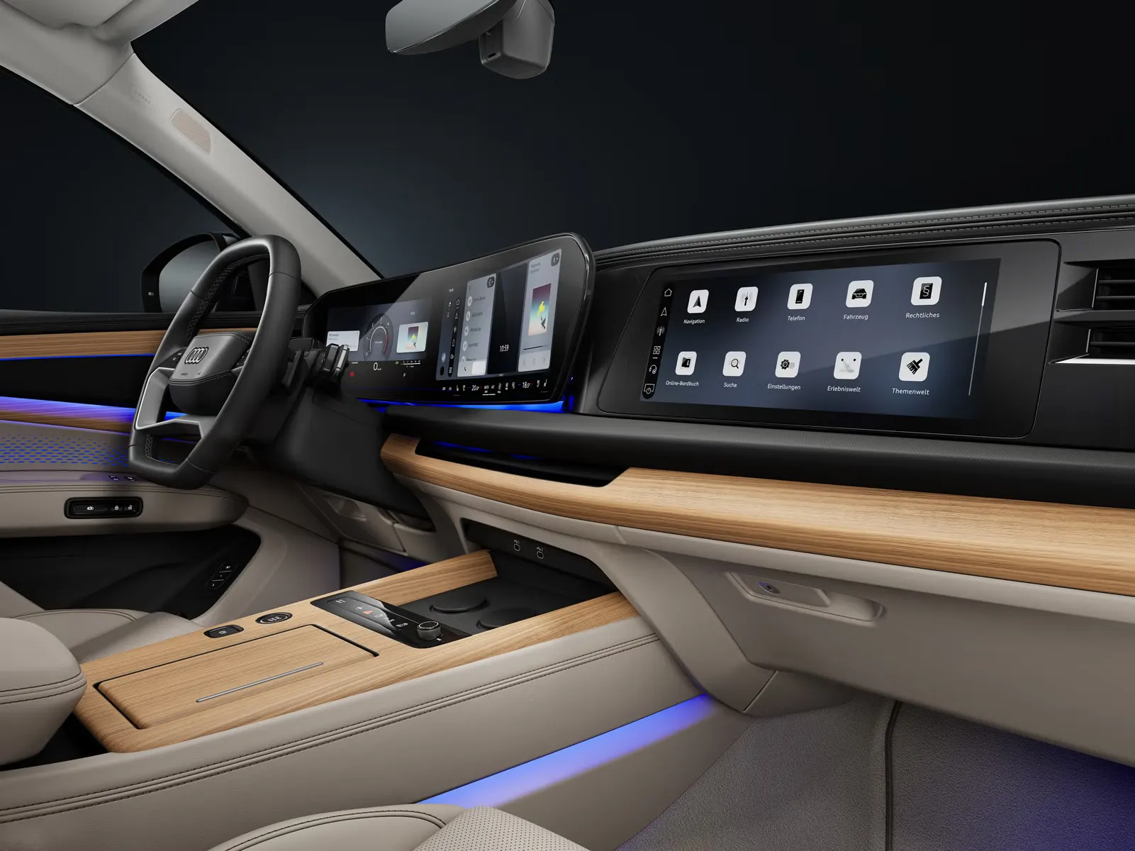 Blick auf das Cockpit von der Beifahrerseite mit dem Fokus auf die digitalen Displays.