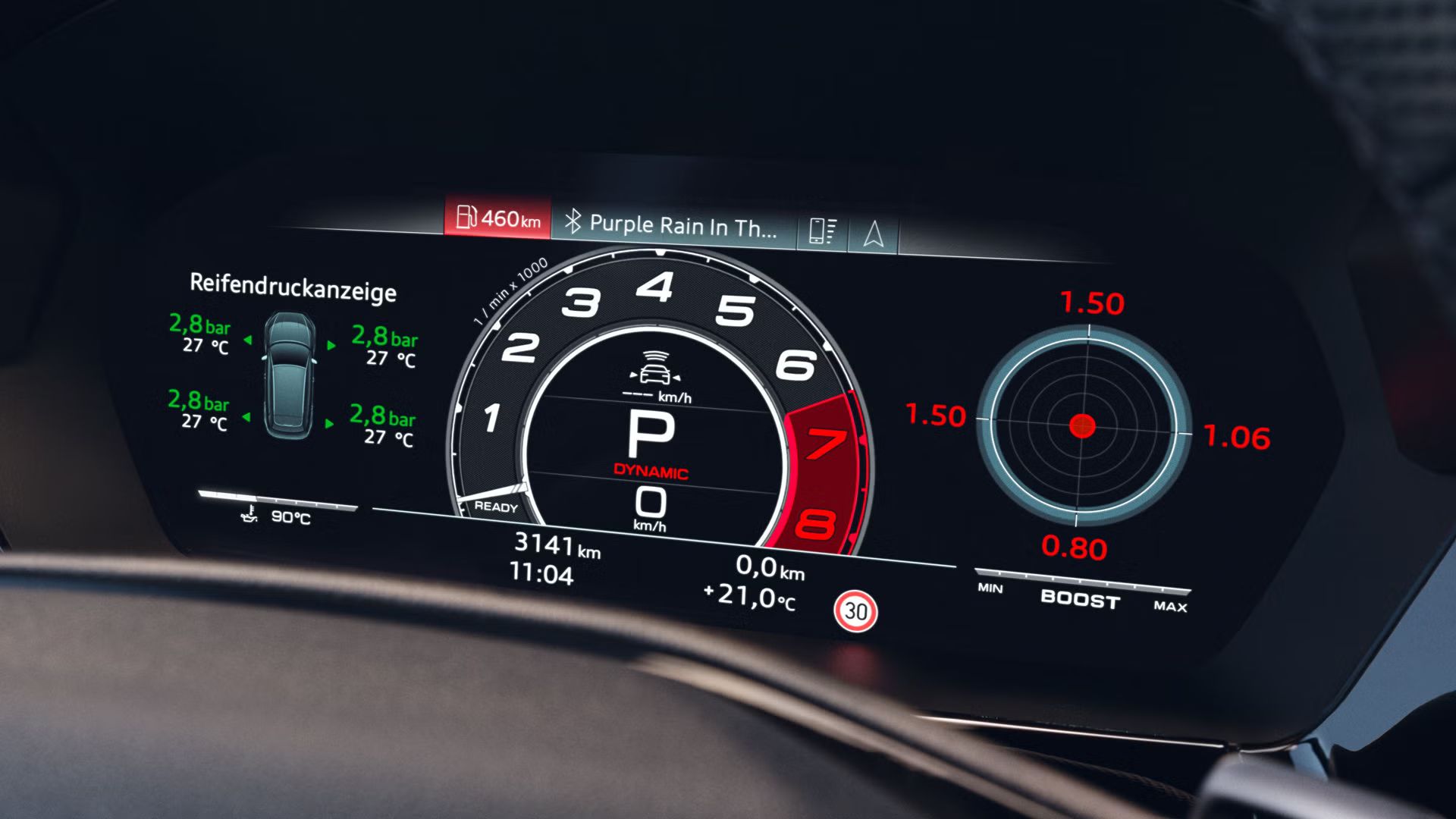 Fokus auf das Audi virtual cockpit plus mit Drehzahlanzeige.