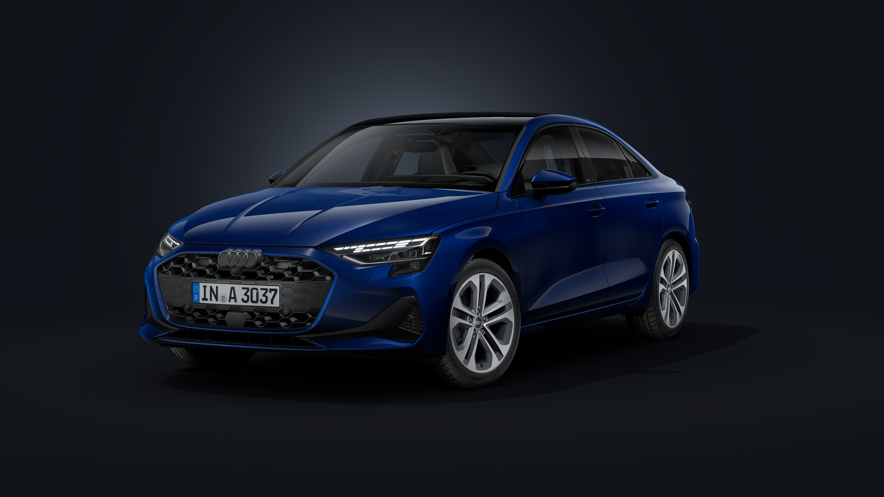 Kék Audi A3 Limousine egy sötét háttér előtt