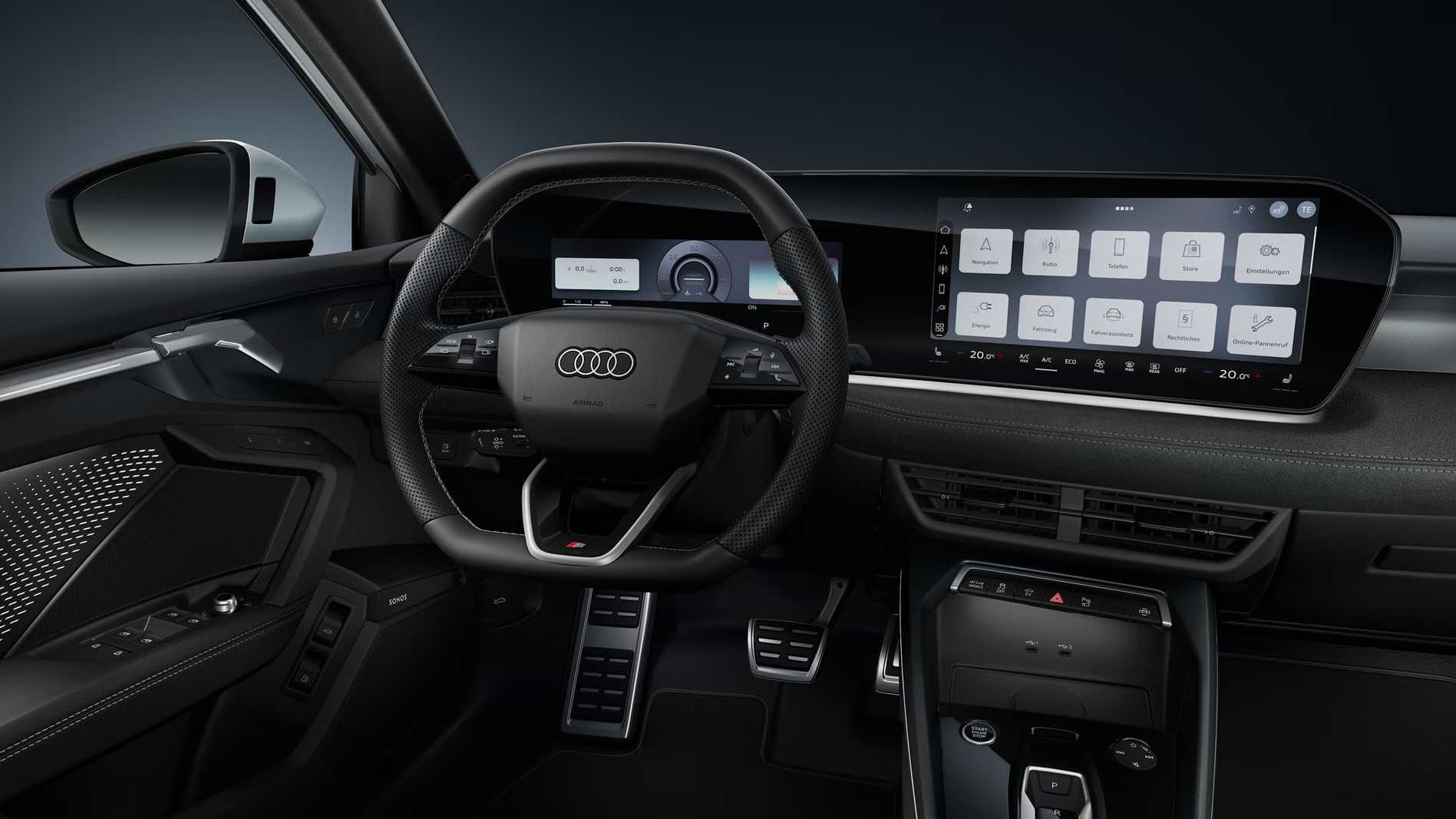 Blick auf das Cockpit mit Sportlenkrad, das geschwungene Panoramadisplay und das Ambiente-Licht.