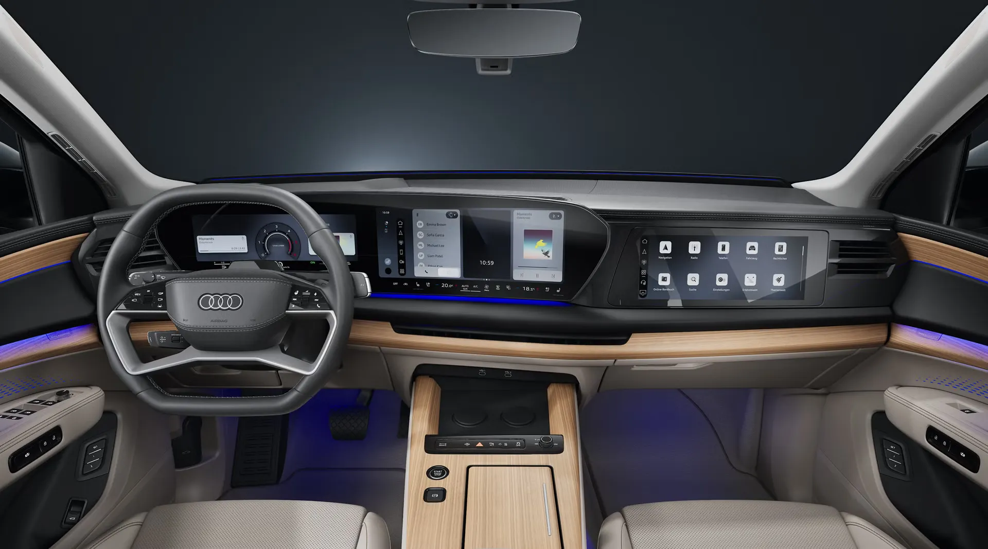 Frontaler Blick von hinten auf das Cockpit, die Sportsitze und die digitalen Displays des Audi Q7 SUV.