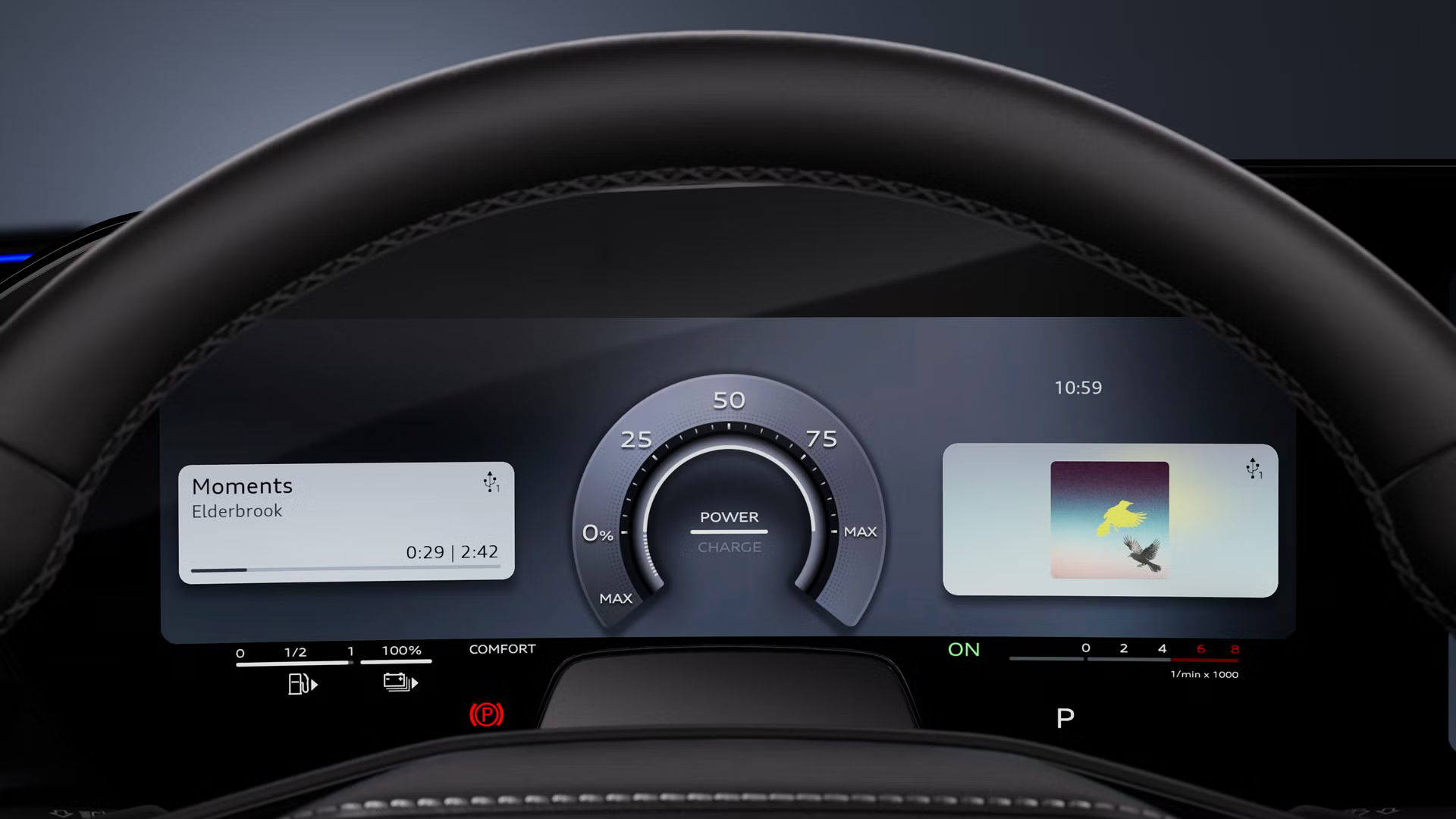 Nahaufnahme des Audi virtual cockpit plus des Audi A6 allroad e-hybrid.